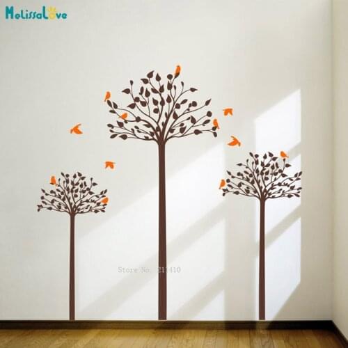 Three Elegant Trees with Birds Quality Vinyl Stickers Matte Living Room Custom Colors Wall Decals Removable YT5630