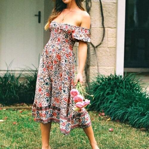 GypsyLady Floral Boho Vintage Midi Dress Summer Women Sexy Holiday Casual Dress Off The Shoulder Elastic Waist Female Dress New