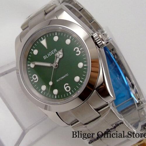 BLIGER Green NH35A 36mm Polish Mechanical Men Watch Glass Back Luminous Hand Glide Lock Oyster Bracelet