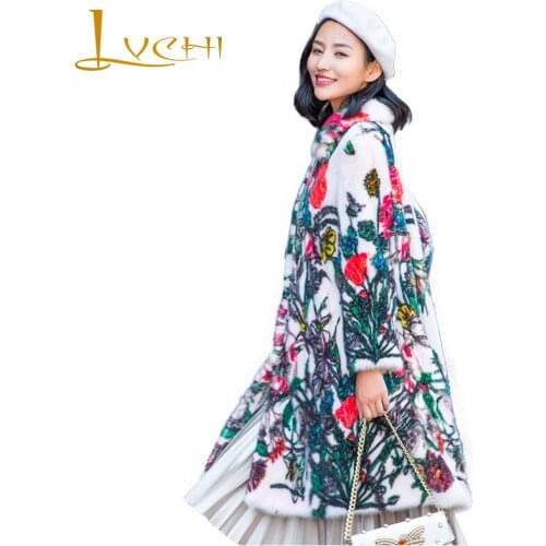 LVCHI Winter 2019 Mandarin Collar Real Mink Fur Coat Womens Nine Quarter Print Flower Coat Long Colorful Slim Thick Mink Coats