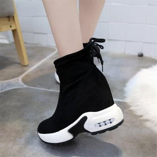 Women Sneakers Ankle Booties Heels 5CM Botas Plataforma Mujer Faux Suede Boots Thick Heel Shoes Woman Winter Shoes Wedge Boots
