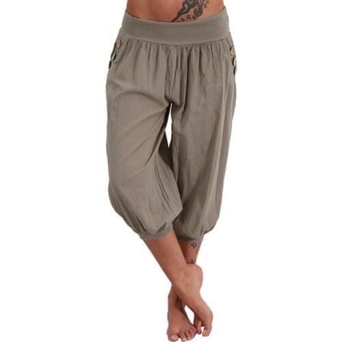 Ladies Summer Elastic Waist Capri Pants Lantern Shape Loose Casual Women Solid Color Bloomers Female Wide Legs Cropped Trousers