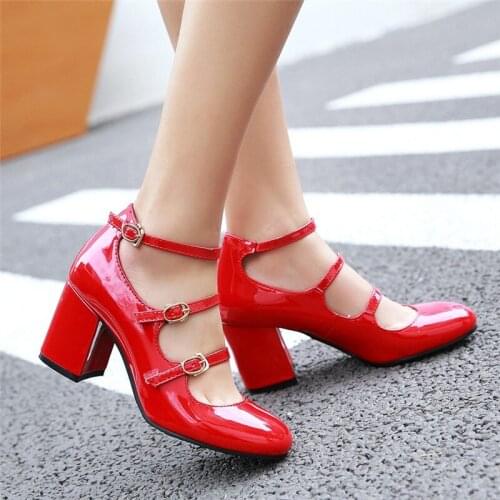 Big Size Spring Women Pumps Thick Block High Heel Patent Leather Round Toe Autumn Office Dress Party Bridal Red Lady Shoes 43