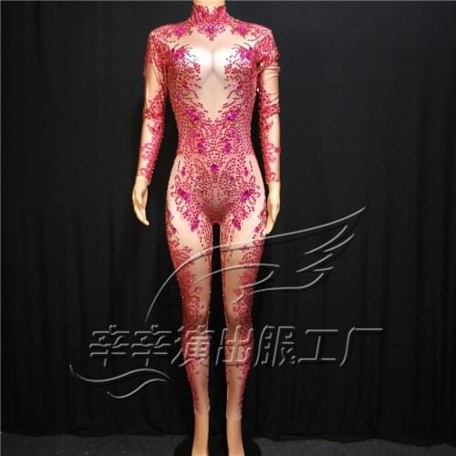 Women New Rose Shiny Rhinestone Sexy Jumpsuit Fashion Stretch Shining Dance Costume One-piece Nightclub Outfit Party Leggings