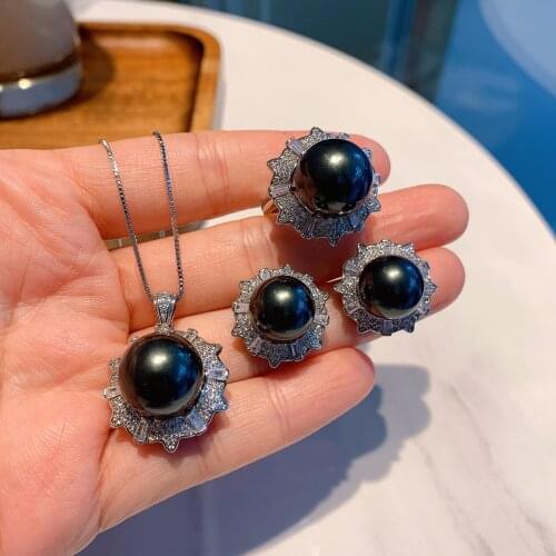 QTT 2021 Trend 925 Sterling Silve Black Pearl Gemstone Pendant Necklace Ring Earrings for Women Wedding Party Jewelry