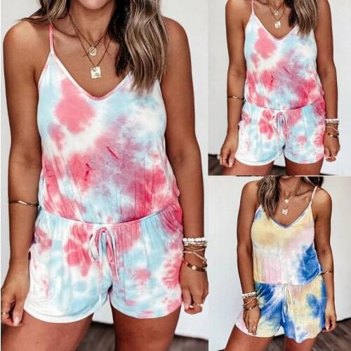 2020 Casual playsuit women v neck playsuit sexy sleeveless rompers tie dye drawstring jumpsuit spaghetti strap playsuit summer