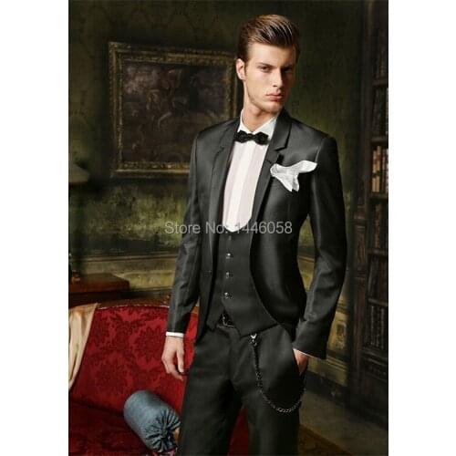 Costume Mariage Homme 2017 Custom Made 3 Pieces Groom Wear Black Shiny Tuxedo For Men Prom Wedding Suits(Jacket+Pants+Vest+Bow)