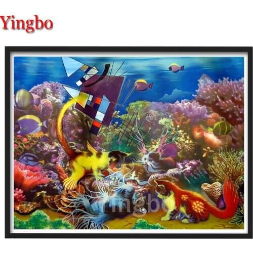 5d Diamond Embroidery Kitten and fish ocean world landscape 3d Diamond painting Cross Stitch Mosaic Painting Rhinestones Decor