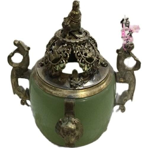 Antique white copper Miao silver inlaid jade incense burner silver smile Buddha incense burner ornament