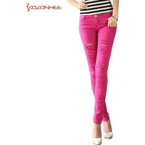 Color Stretching Ripped Jeans Women Washed Distressed With Torn Jeans Elasticity Skinny jeans For Girls Pencil Pants