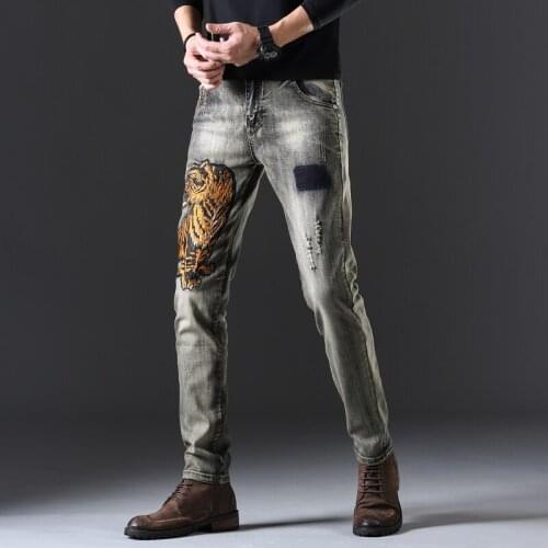 Mens Fashion Tiger Embroidery Jeans Male Slim Fit Ripped Patch Denim Pants Vintage Blue Long Trousers