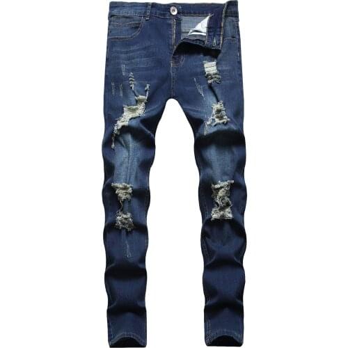 European and American new mens holes Jeans denim trousers fashion distressed casual feet pants men