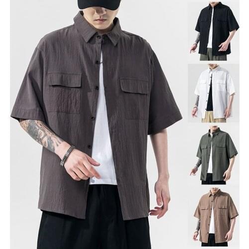 2020 Summer Mens Loose Linen Cotton Short Sleeve Hawaiian Shirt French Cuff Fashion Shirts Streetwear Camisa Masculina M-5XL