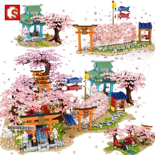 MOC City Japanese Cherry Blossom Mini Street Scene Sakura House Model Building Blocks Creative Toys For Boys Kids Children Gifts