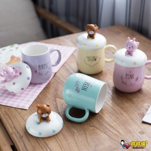 Ceramics Mug Originality Cute 3D Bear Rabbit Cartoon With Lid Cover As Mobile Phone Bracket Travel Coffee Mug Drinkware