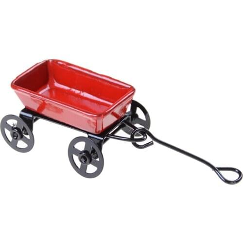 1:12 Mini Metal Red Small Pulling Cart Garden Furniture Accessorie Toy For Home Decor Gift Ornament Cute Dollhouse Miniature