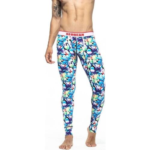 New Winter Warm Men Fashion sexy Long Johns Cotton Thermal Underwear Blue flower Tight Single Long Leggings Pants High Quality