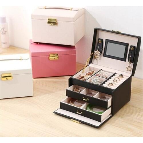 WE New Large 3-layers Leather Stud Jewelry Organizer Ring Necklace Makeup Holder Cases Jewelry Box with Lock for Women