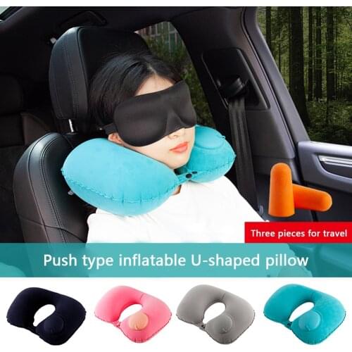 Ervical Spine Natural Latex Pillow U Shaped Inflatable Neck Pillow Travel Kit with Sleep Mask Earplugs Storage Bag