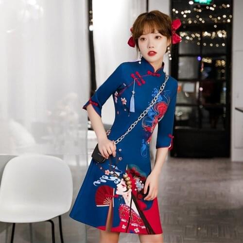2021 New Summer Cheongsam Dress Chinese Traditional Vintage Slim Plus Size Qipao Dresses for Women S To 3XL Black Blue