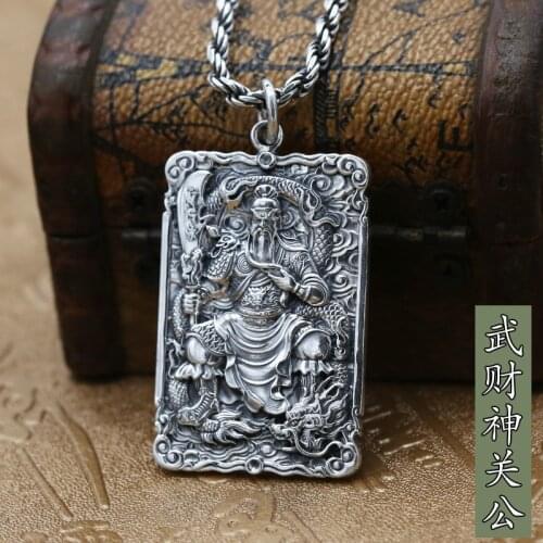 S999 pure silver lucky bodyguard Wu Caishen Guan Gong pendant Thai silver retro mens Buddha pendant