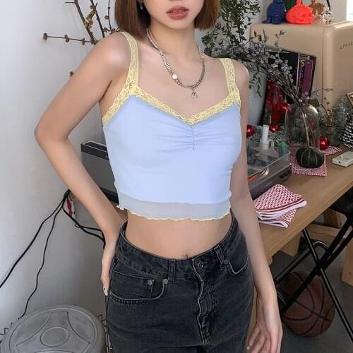 Sexy Lace Patchwork Mesh Camisole Tops Women Sleeveless V Neck Slim Fit Tank Top Summer Girls Casual Sweet Crop Top Streetwear