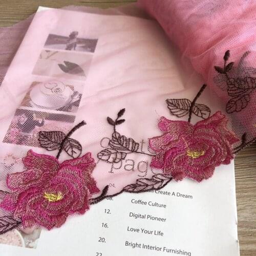 14Yards Rose Flower Embroidered Tulle Pink Mesh Tulle Lace Trim DIY Embroidery Lace Fabric for Sexy Bra Underwear 20cm