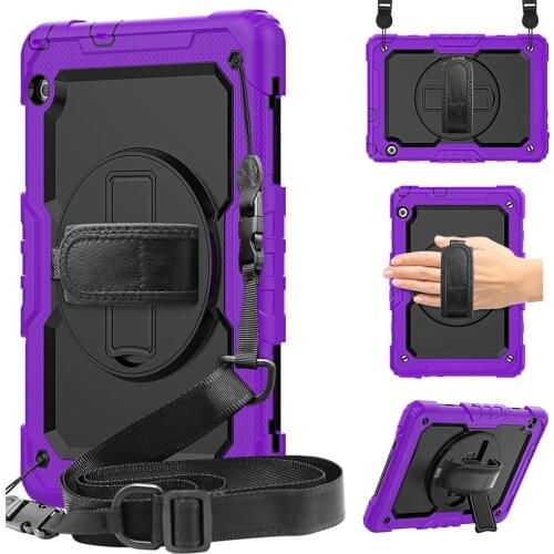 360 Rotating Cover for Huawei Mediapad T5 10.1 Silicone Shockproof Case with Shoulder Hand Strap and Kickstand+Pen