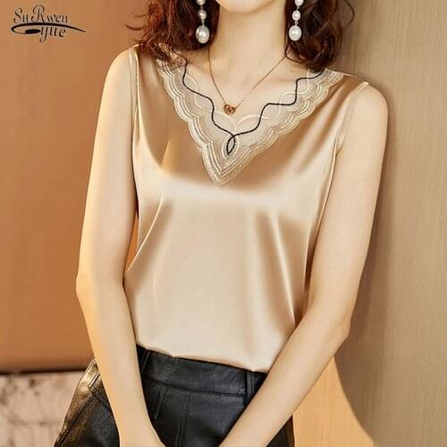 Sexy V-neck Embroidery Lace Women Tops Plus Size Solid Silk Satin Blouse Women Summer Casual Vintage Clothes New Blusas 13735