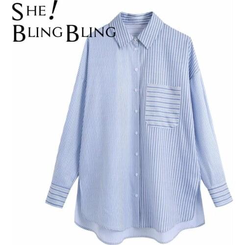 SheBlingBling Za Women 2021 Tra Single Pocket Strip Blue Shirt Female Long Sleeve Blouses Office Lady Loose Tops Causal Blusas