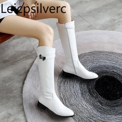 Womens Boots winter fashion Metal Decoration Round head zipper Thick heel Low-heeled Womens High Boots plus size 32-43