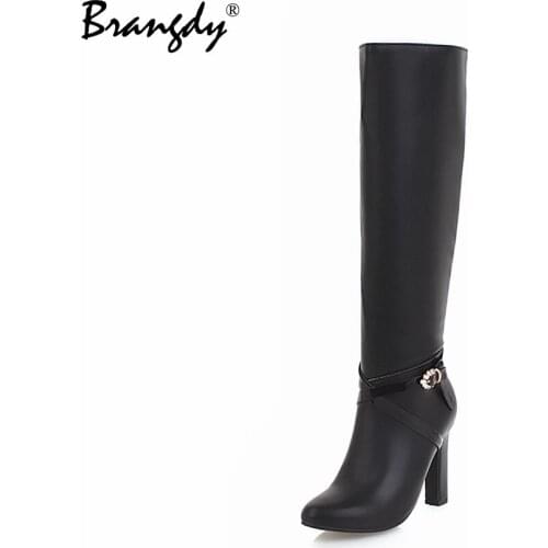 Brangdy Women Knee High Boots Square Heel Metal Buckle Women Winter Boots Heel Height Shoes Bottom Zipper Winter Shoes Ladies