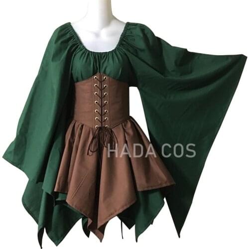 Women Medieval Elf Fairy Elven Cosplay Costume Princess Formal Dress High Waist Party Skirts Cincher Top Corset Set Color Block