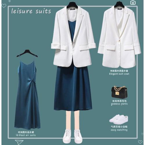 Large size womens summer suit womens 2021 new foreign style small suit coat cover belly show thin dress two piece set