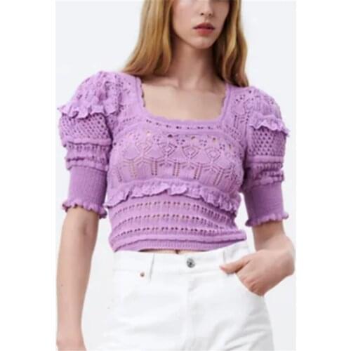 Za Women Kintted Pullover Tops 2021 Autumn Solid Sweater Hollow Out Vintage Half Sleeve Sweater Square Collar Top Outwear