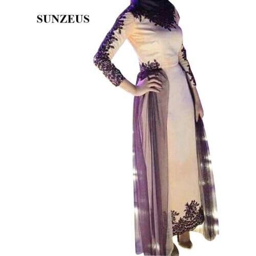 Dubai Dress Middle-east Arabic Women Evening Dresses Ankle Length Long Sleeves Party Gowns Ladies Black Appliques Formal Wear