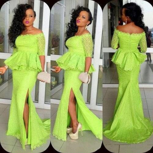 Aso Ebi Evening Dresses Mermaid With Ruffles New Trendy Color Side Slit Bateau Neck Off The Shoulder Long Prom Gowns