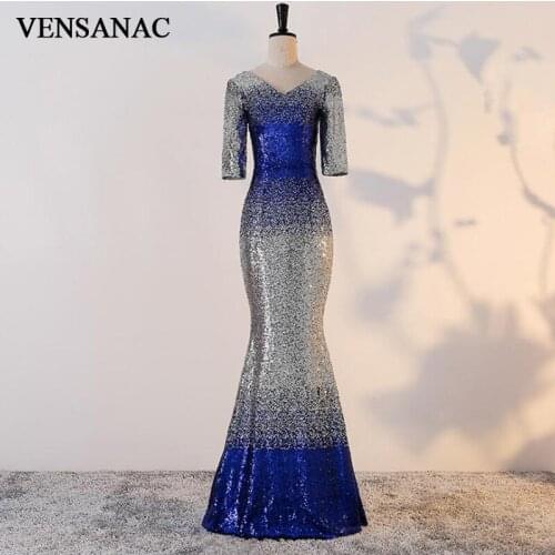 VENSANAC 2018 V Neck Sequin Long Mermaid Evening Dresses Elegant Party Lace Half Sleeve Pattern Zipper Back Prom Gowns