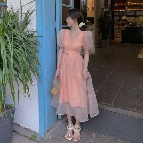 2021 summer new sweet pinkDress Women Elegant Lace chiffon Korean Party Dress Puff Sleeve V Neck temperament Middle lengthDress
