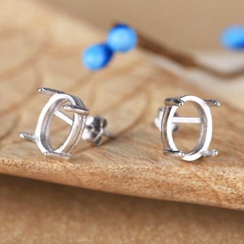 5pcs/lot Real Sterling Silver 925 Women Stud Earrings Semi Mount 8x10mm Oval Cabochon Fine Jewelry DIY Gemstone Wholesale