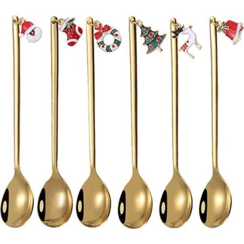 6pcs Stainless Steel Christmas Coffee Spoon Ice Cream Soup Sugar Dessert Teaspoons Mixing Stirrer Kitchen Tableware Gold Silver