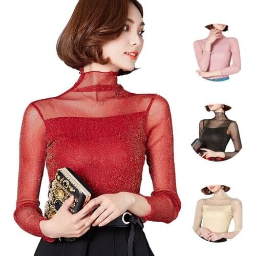 Blouse Women Long Sleeve Lace Mesh Tops Turtleneck Transparent Sexy Bright Shirts Blusas Ropa De Mujer