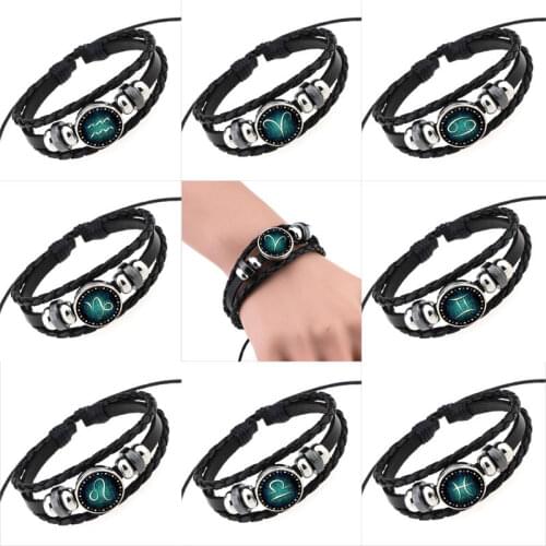 Twelve Constellation Bracelet Hand-woven Beaded Retro Leather Zodiac Sign Beads Bangle Bracelets For Women Men Jewelry Gift