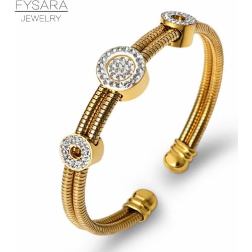 FYSARA Gold Stainless Steel Cable Wire Cuff Bracelets Circle Crystal Charm Bracelets & Bangles for Women Vintage Designer