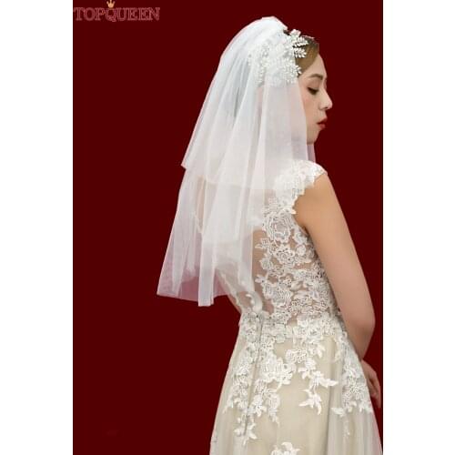 TOPQUEEN V28 Wedding Veil Short Elegant Plain Yarn Cheap Wedding Veil Two Layer Soft Bridal Veils Cover Front and Back Blusher