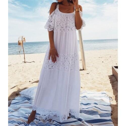 FORERUN White Lace Dress Women Summer Dresses Bohemian Cold Shoulder Long Beach Tunic Robe Longue Femme Ete