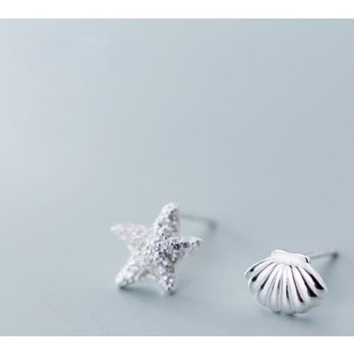 Classic Design Silver Plated Asymmetric Starfish Shells CZ Stud Earrings for Women Romantic Wedding Party Bohemia Fine Jewelry