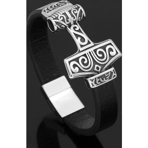 Men nordic viking thor hammer MJOLNIR Real leather stainless steel Bracelet with gift bag