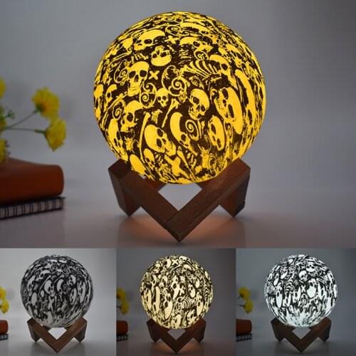 Skull Painted Moonball Rechargeable Light Usb Teen Room Gift Decorative 16 Colours Remote Table Lamp