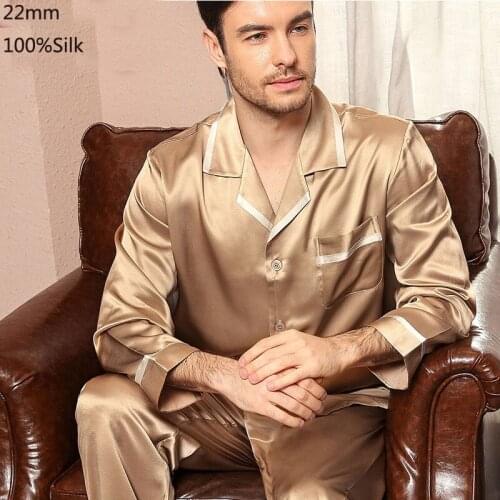 Thicken 22MM Real Mulberry 100% Silk Pajamas Men Suit Sleepwear Autumn Winter Spring Shirt Solid Men 100% Silk Pajamas